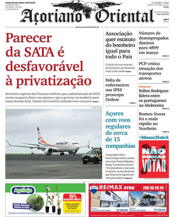 "Parecer da SATA é desfavorável à privatização" é a manchete do Açoriano Oriental